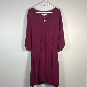 LOFT Burgundy Midi Dress with Button Detail